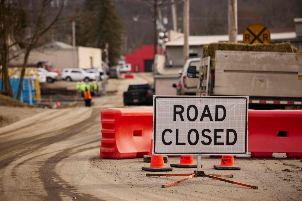 A road sign stops traffic near the site of a train derailment on February 14, 2023 in East Palestine, Ohio. Angelo Merendino/Getty Images/AFP