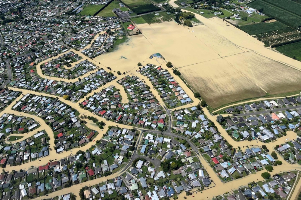 This undated handout photo received on February 16, 2023 from the New Zealand Defence Force shows flooding in the Hawkes Bay region in the aftermath of Cyclone Gabrielle. Photo by PLTOFF Callum Post / New Zealand Defence Force / AFP