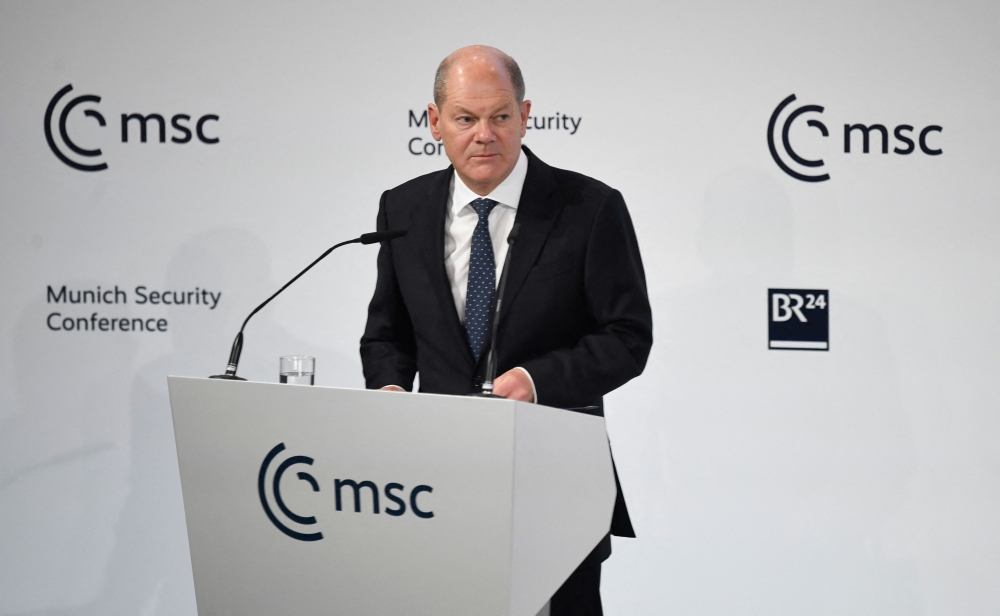 German Chancellor Olaf Scholz delivers a speech at the Munich Security Conference (MSC) in Munich, southern Germany, on February 17, 2023. (Photo by Thomas Kienzle / AFP)