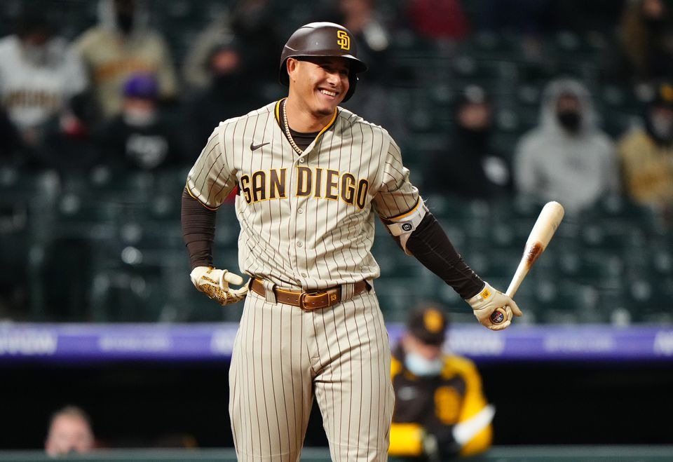 May 11, 2021; Denver, Colorado, USA; San Diego Padres third baseman Manny Machado (13) reacts in the eighth inning against the Colorado Rockies at Coors Field. Mandatory Credit: Ron Chenoy-USA TODAY Sports