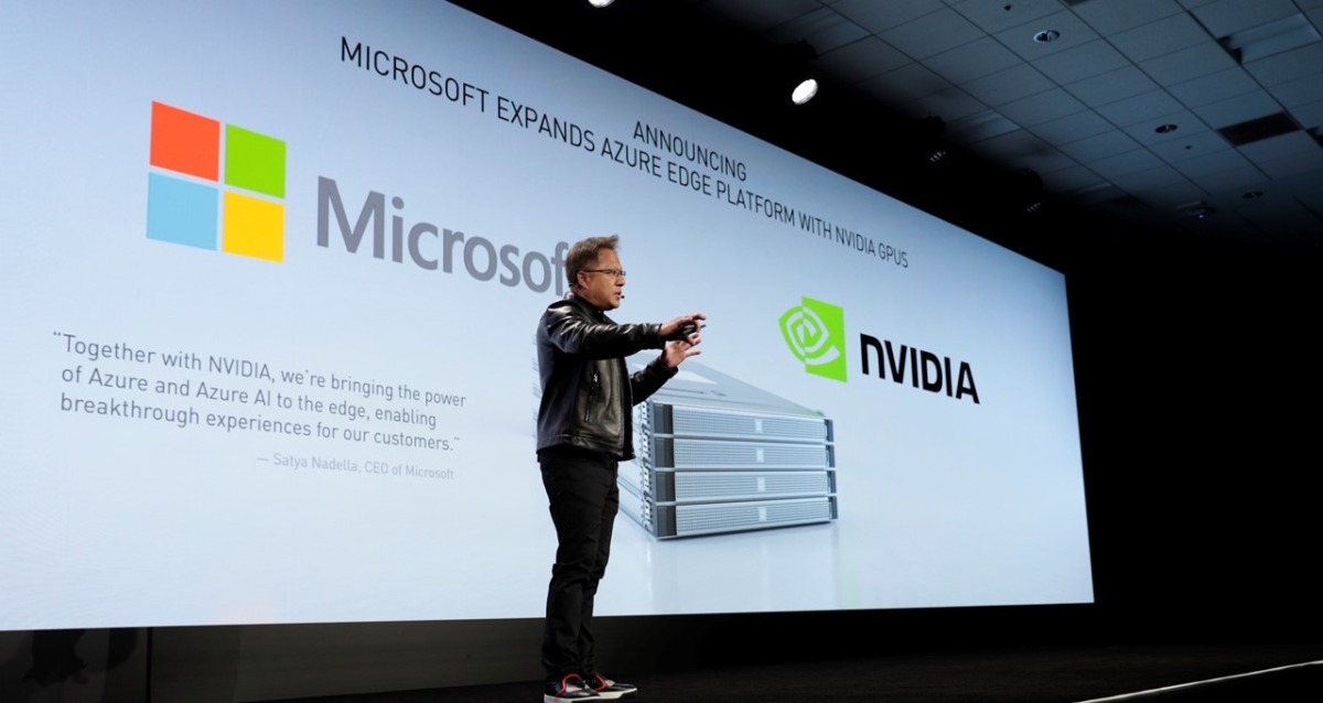 In this October 21, 2019 file photo, NVIDIA founder and CEO Jensen Huang announces NVIDIA's collaboration with Microsoft for intelligent edge computing at Mobile World Congress Los Angeles.