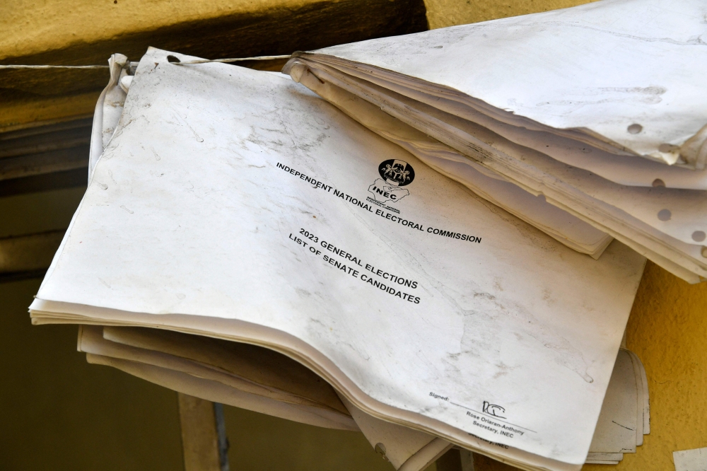 A voters' register is left on a rope at the office of the Independent National Electoral Commission (INEC) after attacks earlier in the year by unknown gunmen at Ojoto in Idemili South district of Anambra State in southeast Nigeria, on February 16, 2023. 