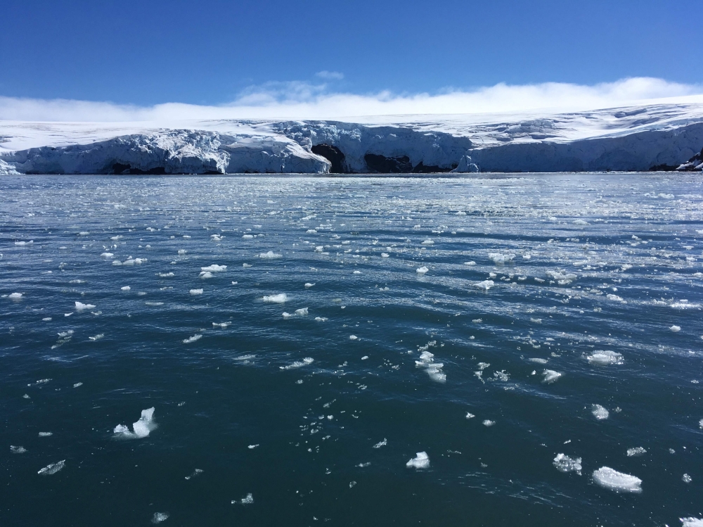 In this file photo taken on February 01, 2018, blocks of ice drift on the water off the coast of Collins glacier on King George Island, Antarctica. (Photo by Mathilde Bellenger / AFP)