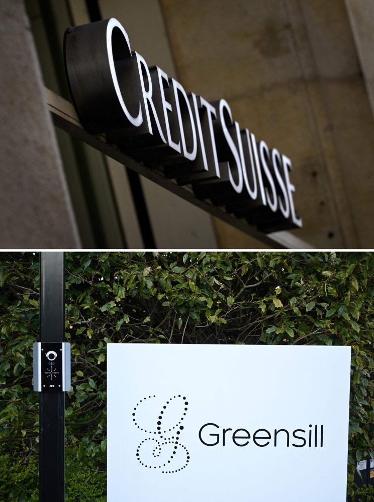 This file combination of photographs created on August 6, 2021, shows (TOP) a sign of Swiss bank Credit Suisse on a branch in Lausanne on April 6, 2021 and (BOTTOM) a sign hangs on an entrance door outside the offices of collapsed British finance firm Greensill near Warrington, north-west England, on April 12, 2021. (Photo by Oli SCARFF and Fabrice COFFRINI / AFP)