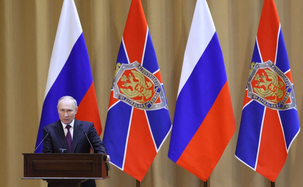 Russian President Vladimir Putin gives a speech during a meeting of the Federal Security Service (FSB) Board in Moscow on February 28, 2023. (Photo by Gavriil Grigorov / SPUTNIK / AFP)