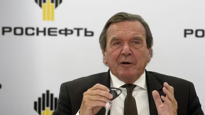 Gerhard Schröder speaking in St Petersburg on September 29, 2017. File photo / AFP
