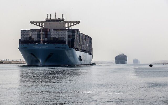 A container ship sails through the new section of the Suez Canal in the Egyptian port city of Ismailia, 135 kilometers northeast of the capital Cairo on October 10, 2019. File photo / AFP
