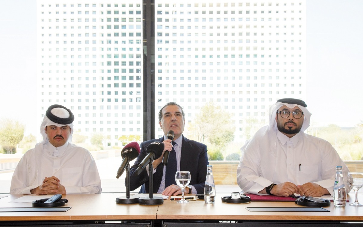 Acting Director of the Climate Change Department from the Ministry of Environment and Climate Change, Engineer Saad Al Hitmi (right) and Executive Director of Earthna, Dr. Gonzalo Castro de la Mata (second right) addressing a press conference at the Qatar Foundation headquarters, yesterday.
