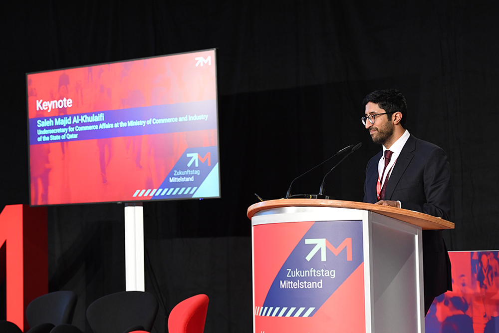 H E Saleh bin Majed Al Khulaifi, Assistant Undersecretary for Commerce Affairs at the Ministry of Commerce and Industry addressing  the gathering.