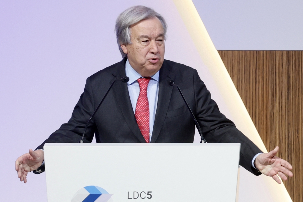 Secretary-General of the United Nations (UN) Antonio Guterres speaks during the 5th Conference on the Least Developed Countries (LDC5) in Doha, on March 5, 2023. (Photo by KARIM JAAFAR / AFP)