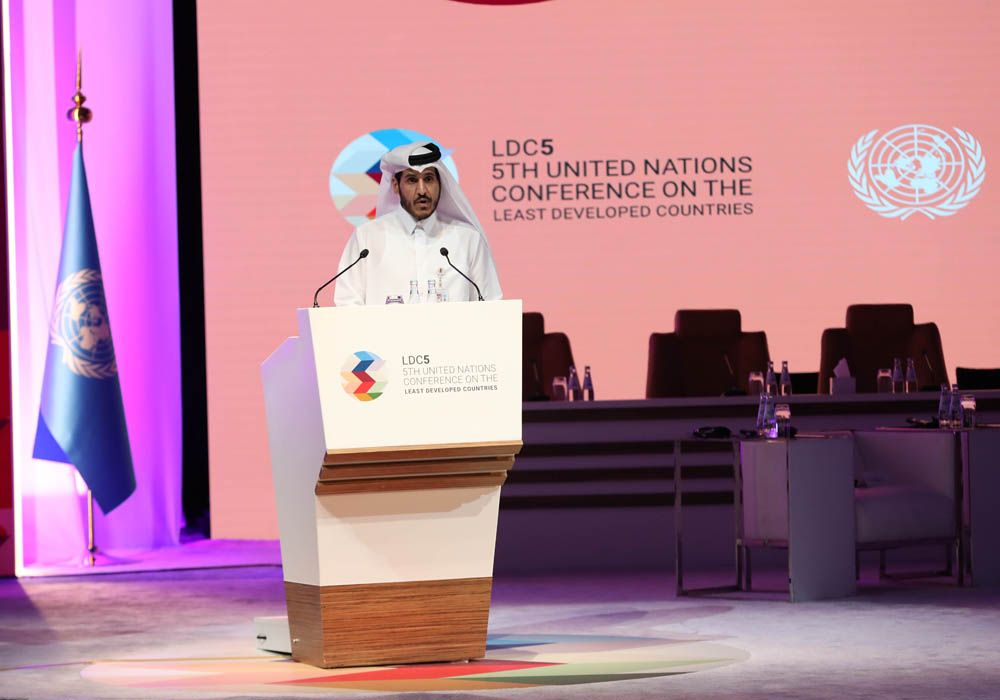 The Minister of Commerce and Industry H E Sheikh Mohammed bin Hamad bin Qassim Al Abdullah Al Thani speaking during the closing ceremony of the Private Sector Forum.