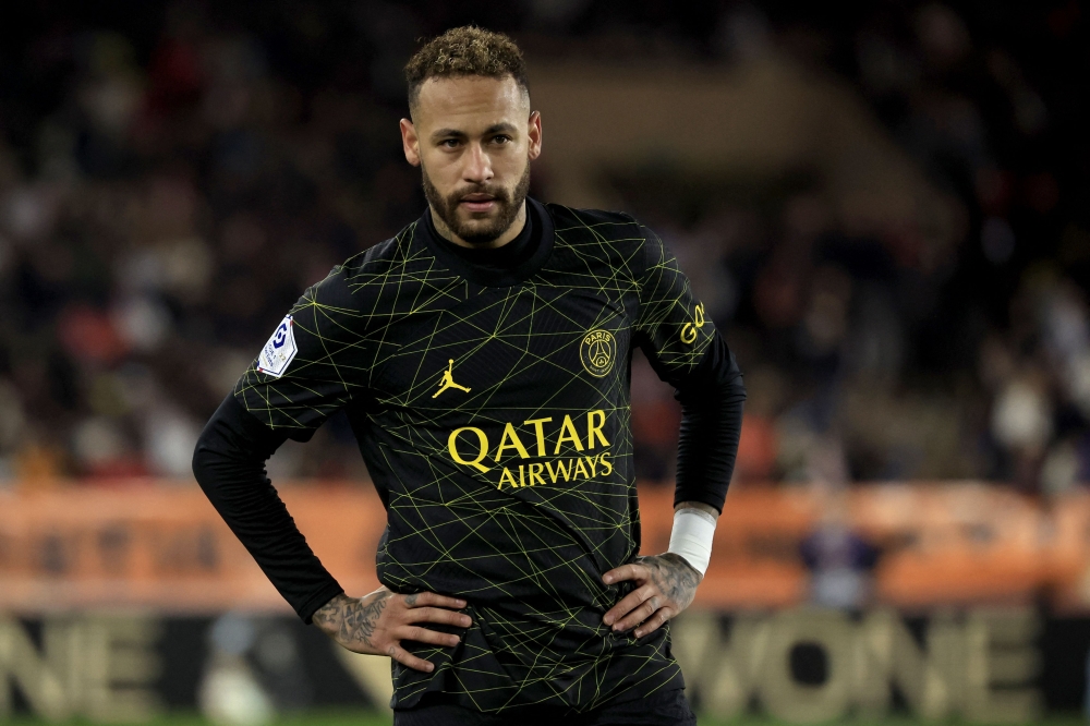 In this file photo taken on February 11, 2023, Paris Saint-Germain's Brazilian forward Neymar reacts during the French L1 football match between Monaco and Paris Saint-Germain (PSG) at the Louis II stadium in Monaco. (Photo by Valery Hache / AFP)