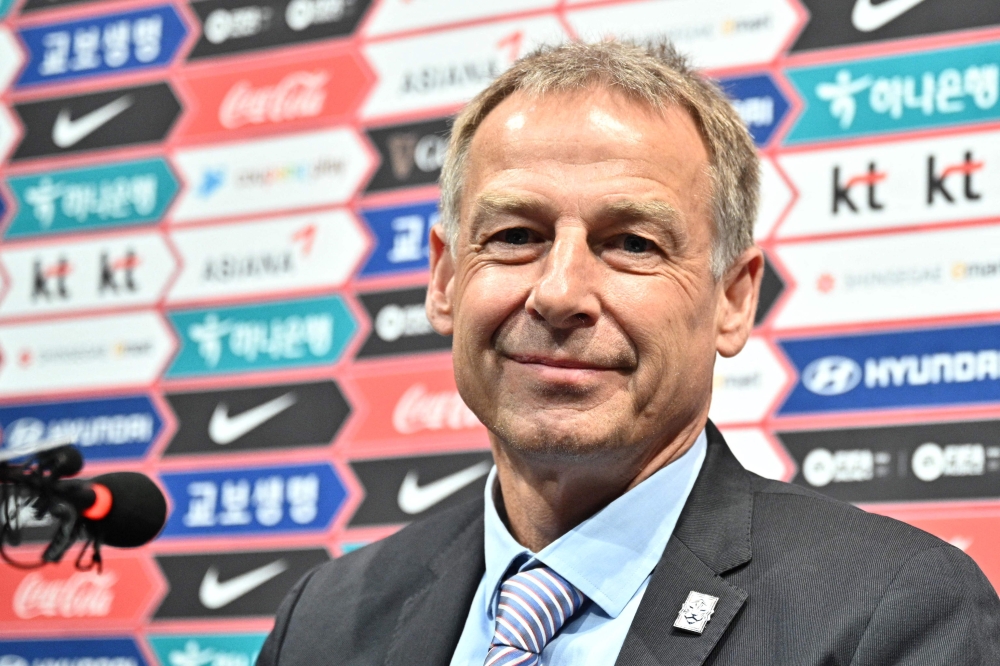 Jurgen Klinsmann, new head coach of South Korea football team, smiles during a press conference at the Paju National Football Center (NFC) on March 9, 2023. (Photo by Anthony WALLACE / AFP)