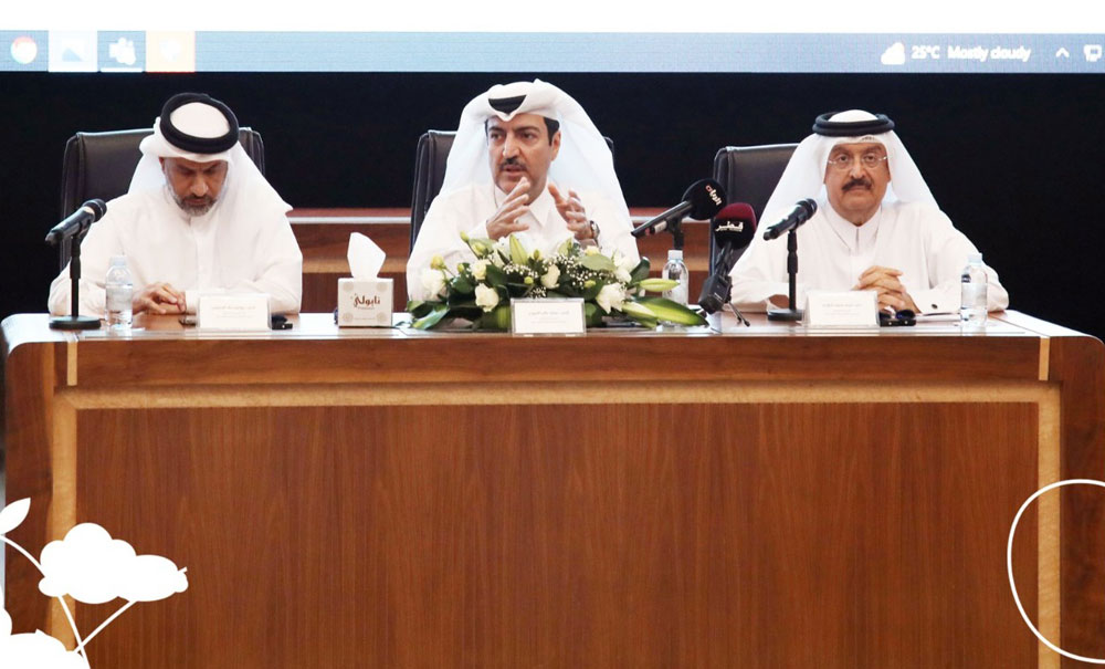 Chairman of Organizing Committee of AgriteQ 2023 Eng Mohammad Ali Al Khouri (centre), Vice Chairman of the Organizing Committee Youssef Khalid Al Khulaifi (left) and Chairman of Supervising Committee of Associated Conference Dr. Muhammad Saif Al Kuwari during the press conference at the headquarters of the Ministry of Municipality, yesterday. 