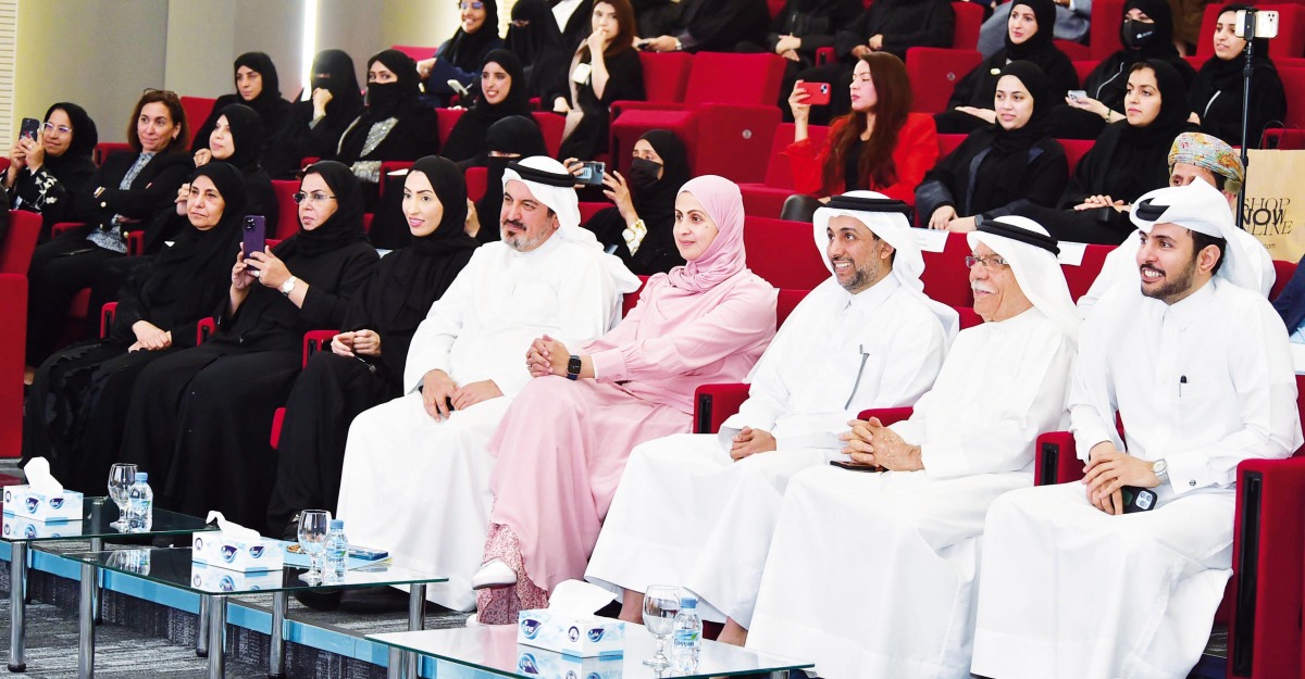 QU President Dr. Hassan Al Derham (third right); Dean of QU College of Education Sheikha Dr. Hessa bint Hamad Al Thani (fourth right); and other dignitaries during the ceremony.