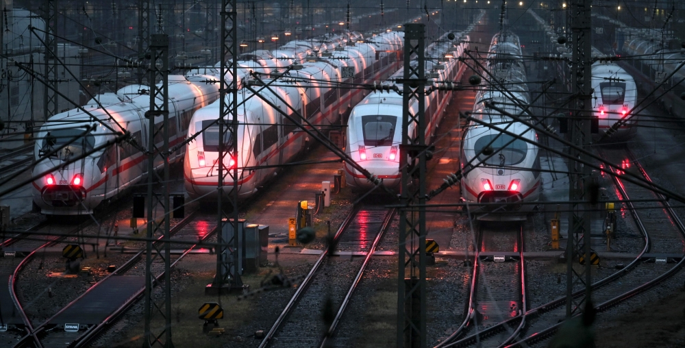 (Files) ICE high speed trains of Germany's railway operator Deutsch Bahn are parked near the central station in Munich, southern Germany, during a strike on March 27, 2023. Photo by Christof Stache / AFP