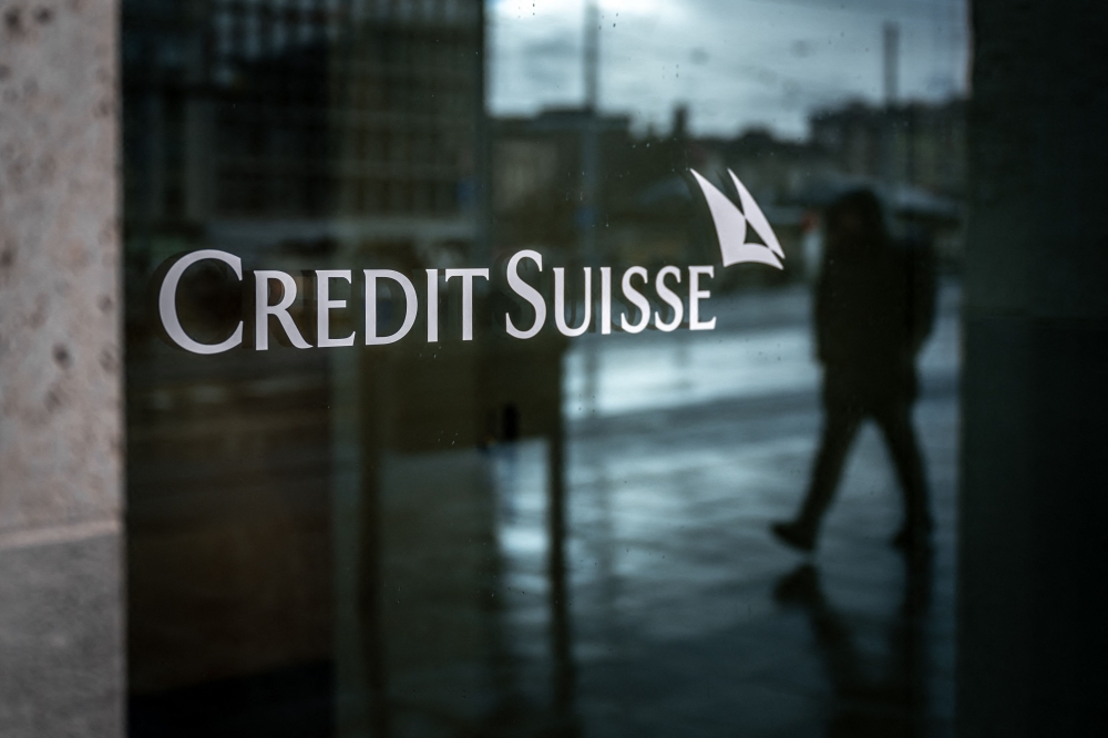 In this file photo taken on March 24, 2023 shows a sign of Credit Suisse bank.