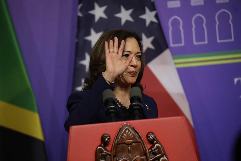 U.S Vice President Kamala Harris gestures as she addresses a news conference following her meetings with Tanzanian President Samia Suluhu Hassan in Dar es Salaam, Tanzania, on March 30, 2023.  (Photo by ERICKY BONIPHACE / POOL / AFP)