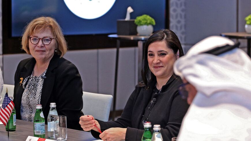 Barbara Leaf (left), US assistant secretary of state for Near Eastern affairs, and Dana Stroul (centre), US deputy assistant secretary of defence (DASD) for the Middle East, join a media roundtable in Kuwait City, Kuwait, on October 19, 2022.  File photo / AFP