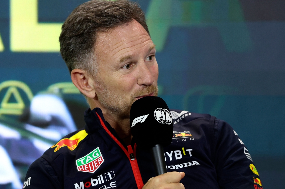 Red Bull Racing's British team principal Christian Horner speaks at a press conference after the first practice session of the 2023 Formula One Australian Grand Prix at the Albert Park Circuit in Melbourne on March 31, 2023. Photo by Martin KEEP / AFP