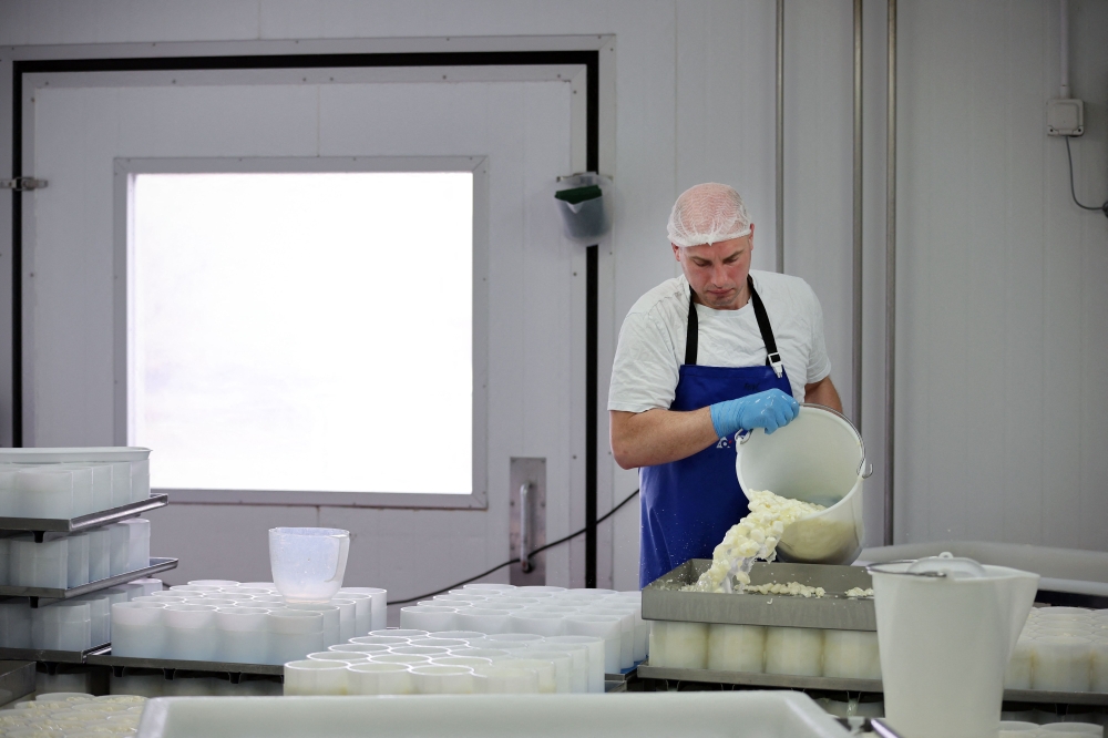 A cheesemaker pours curds into moulds to make Tunworth cheese in the production room at the Hampshire Cheese Company near Basingstoke in Hampshire south east England, on March 14, 2023. Photo by Adrian DENNIS / AFP