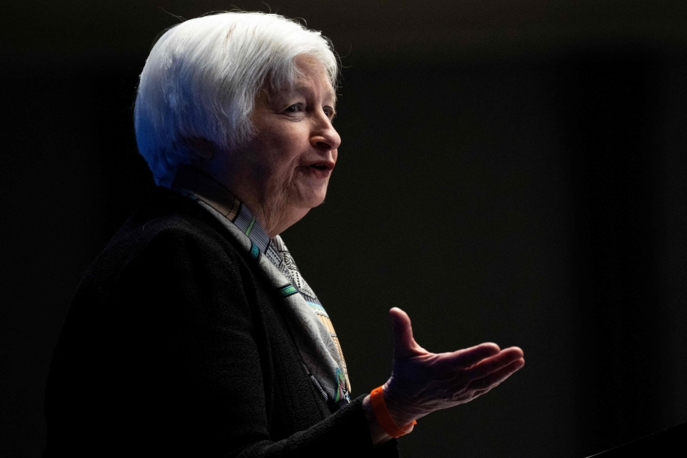 (FILES) In this file photo taken on March 30, 2023 US Treasury Secretary Janet Yellen speaks at the National Association for Business Economics (NABE) at the Capitol Hilton in Washington, DC. (Photo by Andrew Caballero-Reynolds / AFP)