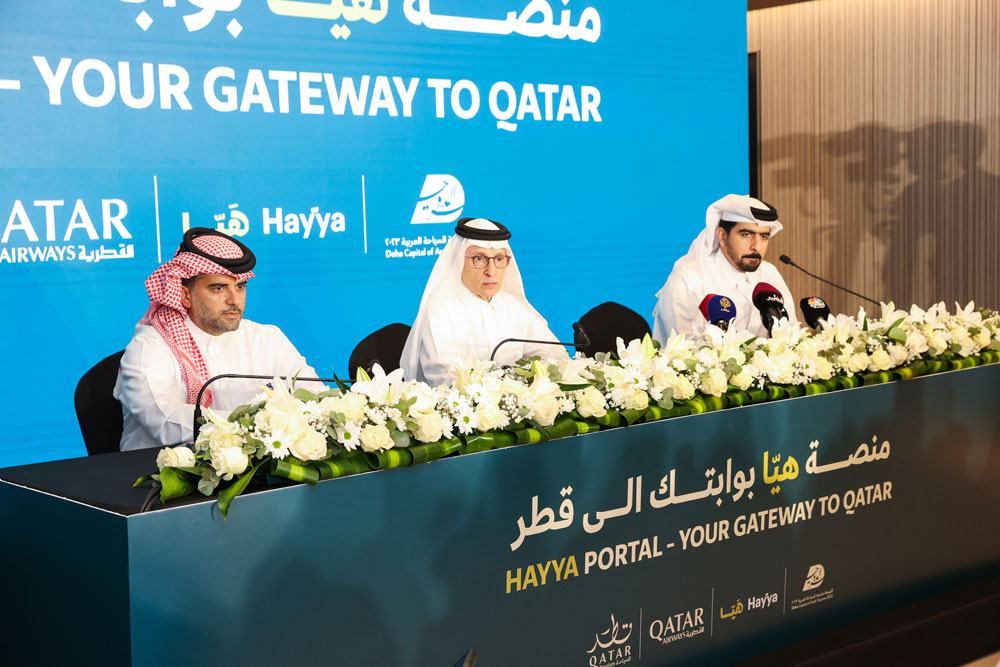 Qatar Airways Group Chief Executive and Qatar Tourism Chairman, HE Akbar Al Baker (center), Hamad International Airport Chief Operating Officer, Engr. Badr Mohammed Al Meer (left), and Hayya Platform CEO, Saeed Ali Al Kuwari during the Hayya Portal press conference at Hamad International Airport today.