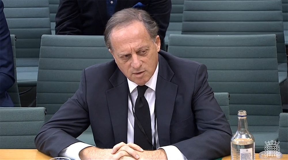 In this file video grab taken from footage broadcast by the UK Parliament's Parliamentary Recording Unit (PRU) on February 7, 2023 shows BBC chairperson Richard Sharp testifying in front of a Digital, Culture, Media and Sport (DCMS) Committee in London. Photo by Handout / PRU / AFP