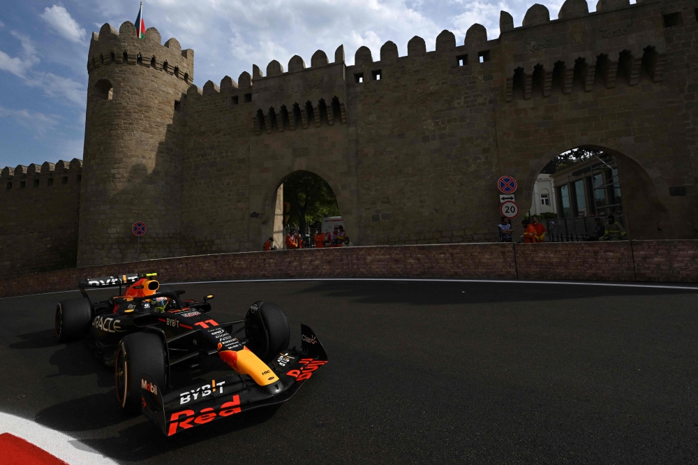 Red Bull Racing's Mexican driver Sergio Perez steers his car during the Formula One Azerbaijan Grand Prix at the Baku City Circuit in Baku on April 30, 2023. Photo by NATALIA KOLESNIKOVA / AFP
