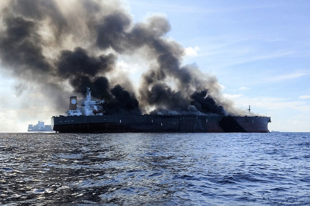 This handout photo taken on May 1, 2023 and released by the Malaysian Maritime Enforcement Agency on May 2, 2023 shows the tanker MT pablo after the vessel caught fire off Malaysia's southern coast during its journey from China to Singapore. Photo by Handout / MALAYSIAN MARITIME ENFORCEMENT AGENCY / AFP