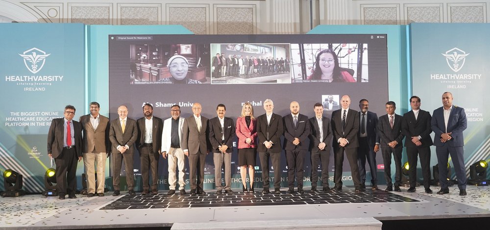 Dr. Thumbay Moideen, Founder President of Healthvarsity and Thumbay Group with partners at the launch.