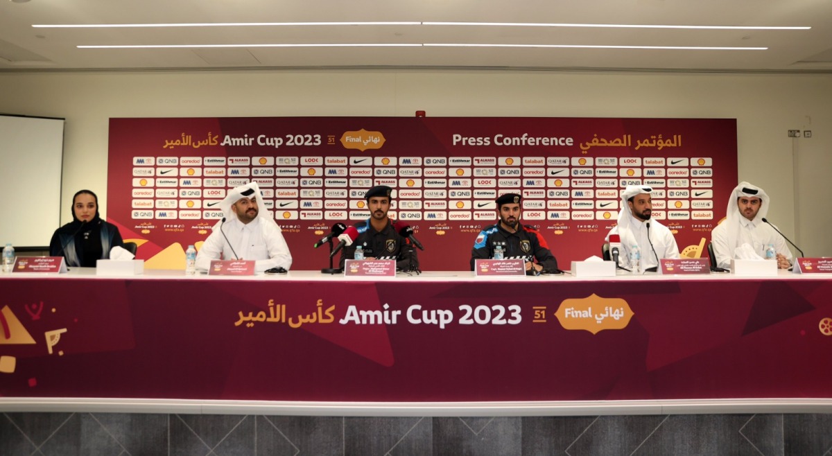 FROM LEFT: QFA Representative Maryam Nazih, Director Facilities Management at Ahmad Bin Ali Stadium Ahmed Al Qatami, Tournament Security Chief Major Mohammed Omar Al Shahwani, Head of the Traffic Unit Captain Nasser Khaled Al Hajri, QFA Head of Communications Ali Al Salat and Director of Transportation of the Facility Ali Hussein during a press conference on Tuesday.