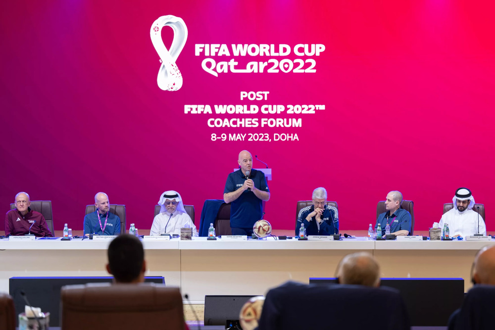 FIFA President Gianni Infantino addresses the post-FIFA World Cup 2022 Coaches Forum.