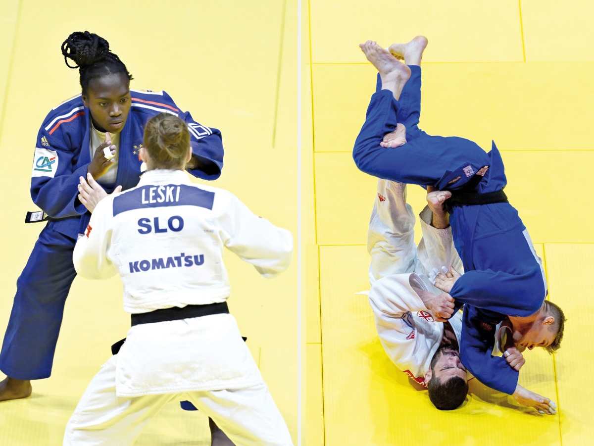 (Left) France’s Clarisse Agbegnenou and Slovenia’s Andreja Leski (white) compete in the women’s -63kg final bout and Georgia’s Tato Grigalashvili (white) and Belgium’s Matthias Casse in action. Pic: IJF 
