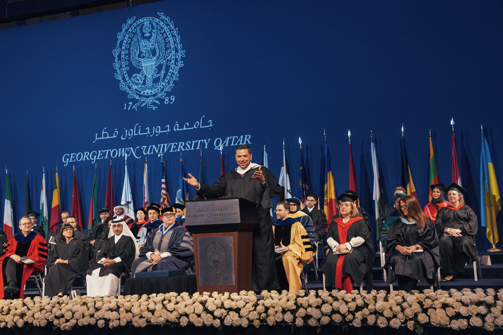 Ayman Mohyeldin delivers his keynote address during the graduation. 
