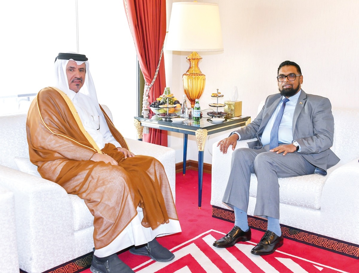 QC First Vice-Chairman Mohamed bin Twar Al Kuwari  with President of the Cooperative Republic of Guyana H E Dr Mohamed Irfaan Ali during the meeting. 
