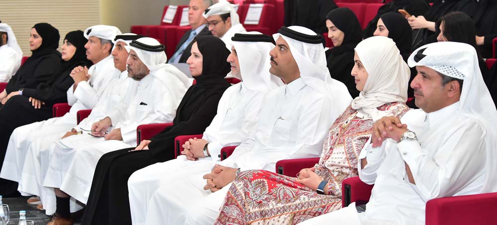 Minister of Education and Higher Education H E Buthaina bint Ali Al Jabr Al Nuaimi (fifth right) and other officials at the event.