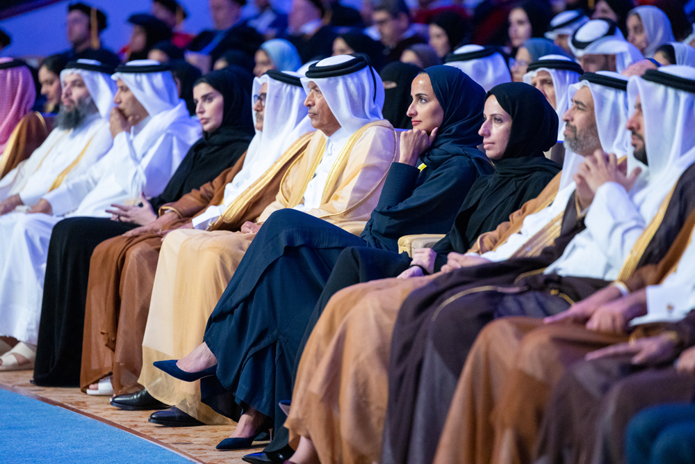 Speaker of the Shura Council H E Hassan bin Abdulla Al Ghanim (5th right), H E Sheikha Hind bint Hamad Al Thani (4th right), Ministers, and other dignitaries attending the HBKU graduation ceremony yesterday.