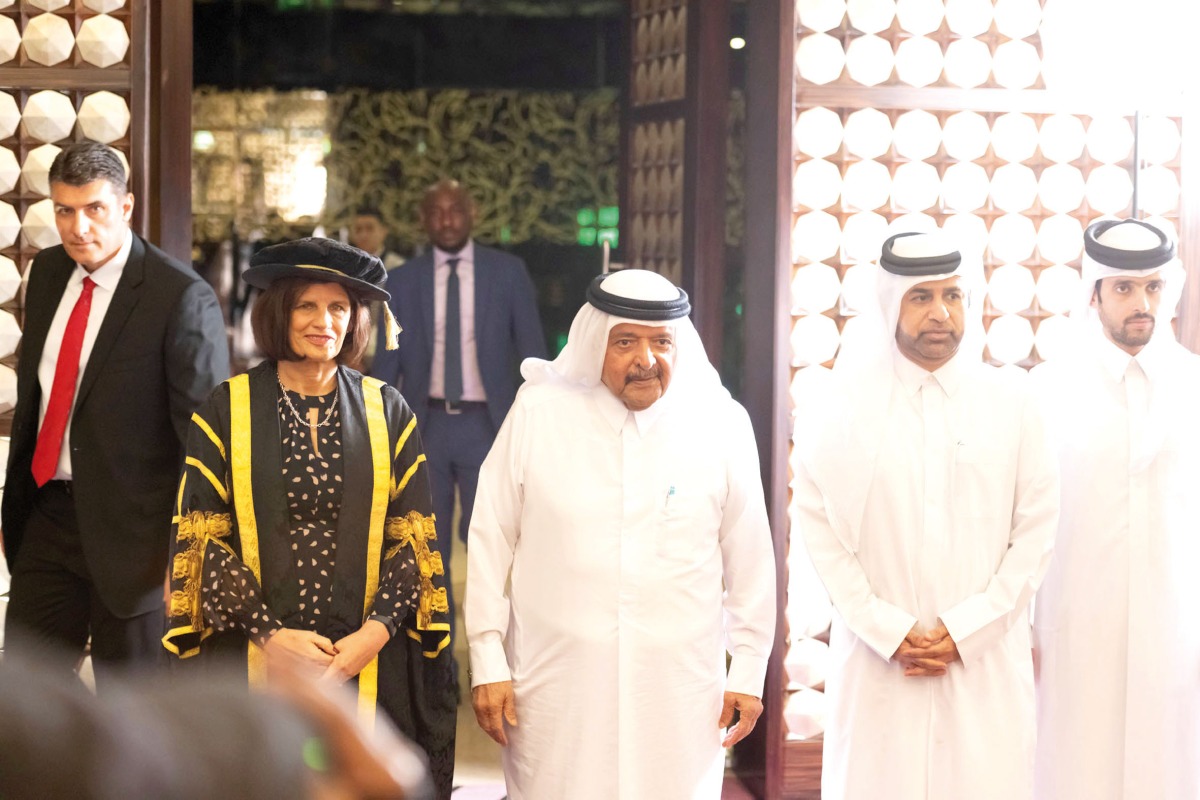 Sheikh Faisal bin Qassim Al Thani (third right), Katara General Manager Prof. Dr. Khaild bin Ibrahim Al Sulaiti (second right), Professor Kathryn Mitchell (second left), and other officials during the ARIU graduation ceremony.