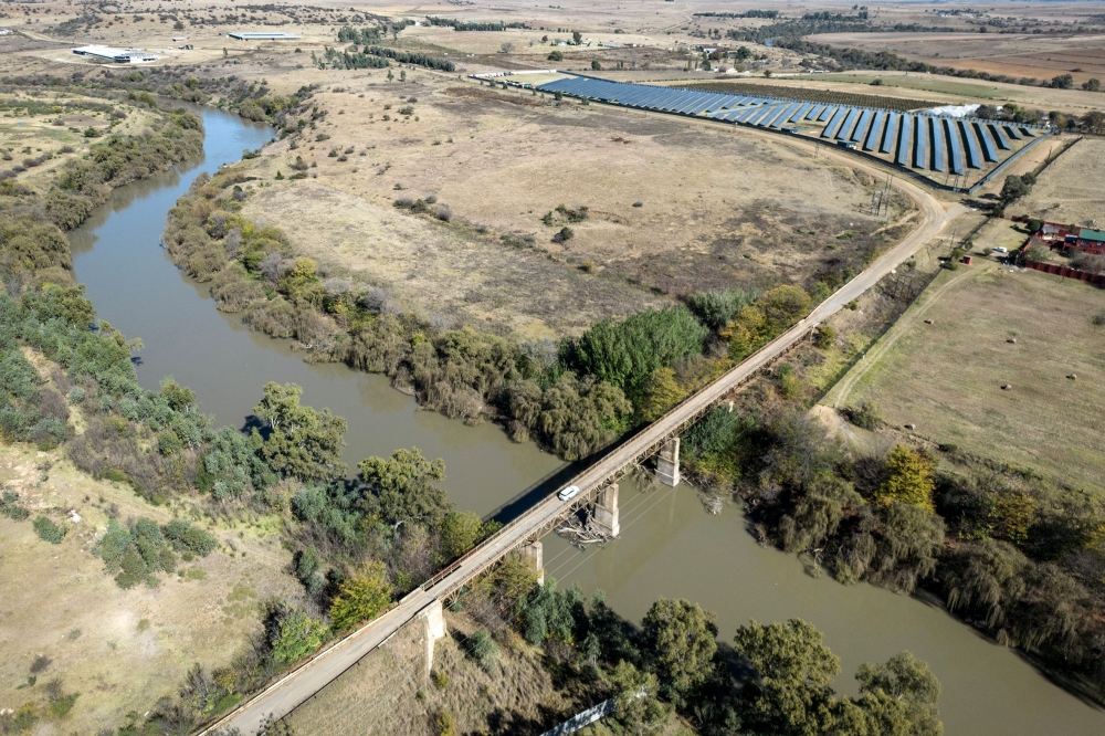 An aerial view of the Frankfort photovoltaic solar plant in Frankfort on May 11, 2023. (Photo by Shiraaz Mohamed / AFP)