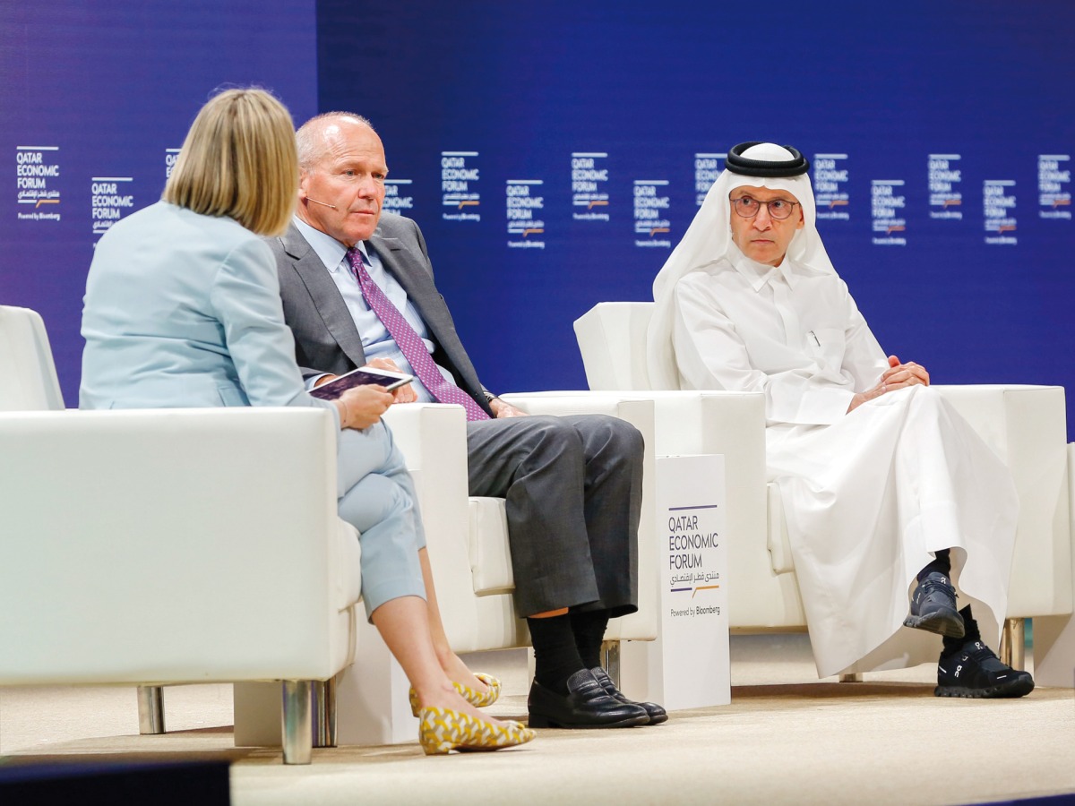 Qatar Airways Group CEO, H E Akbar Al Baker (right) with David L Calhoun, President & CEO, The Boeing Company (centre) during a session at the Qatar Economic Forum yesterday.