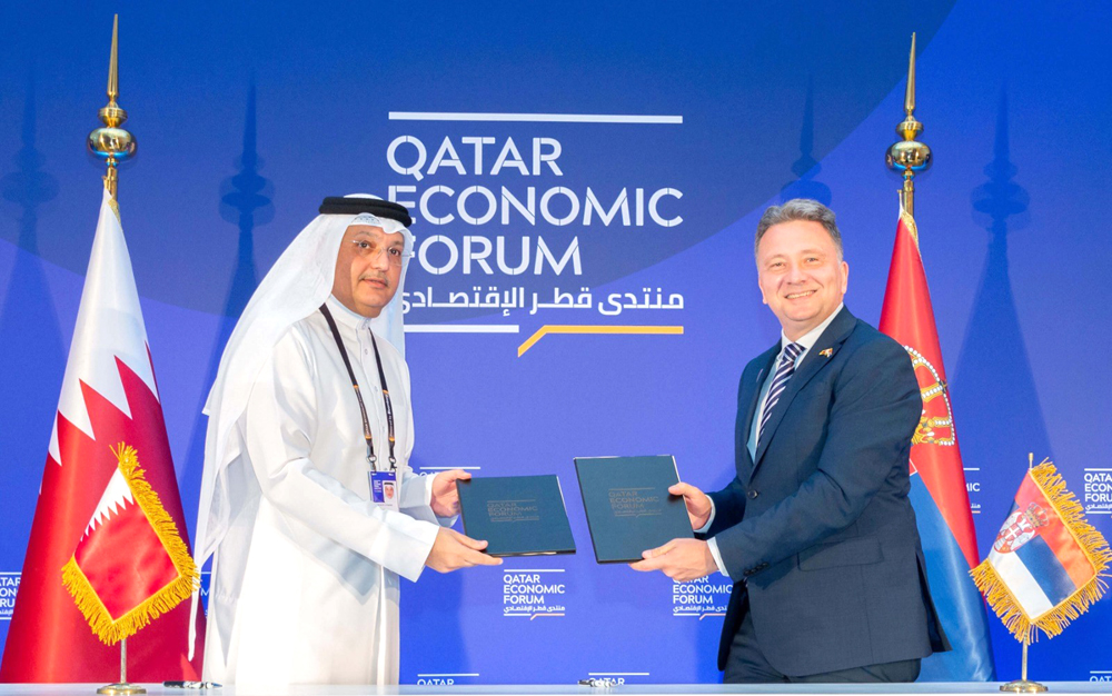 Minister of Communications and Information Technology of Qatar H E Mohammed bin Ali Al Mannai and Minister of Information and Telecommunications of the Republic of Serbia H E Mihailo Jovanovic during MoU signing, yesterday.