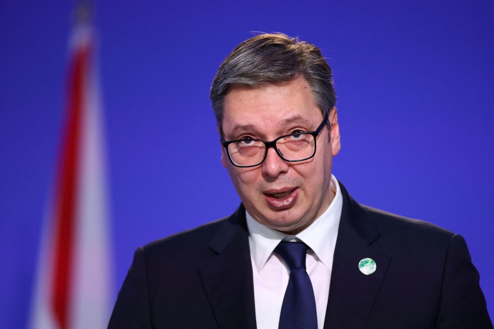 (FILES) Serbian President Aleksandar Vucic makes a national statement on the second day of the COP26 UN Climate Summit in Glasgow on November 2, 2021.(Photo by HANNAH MCKAY / POOL / AFP)
 
