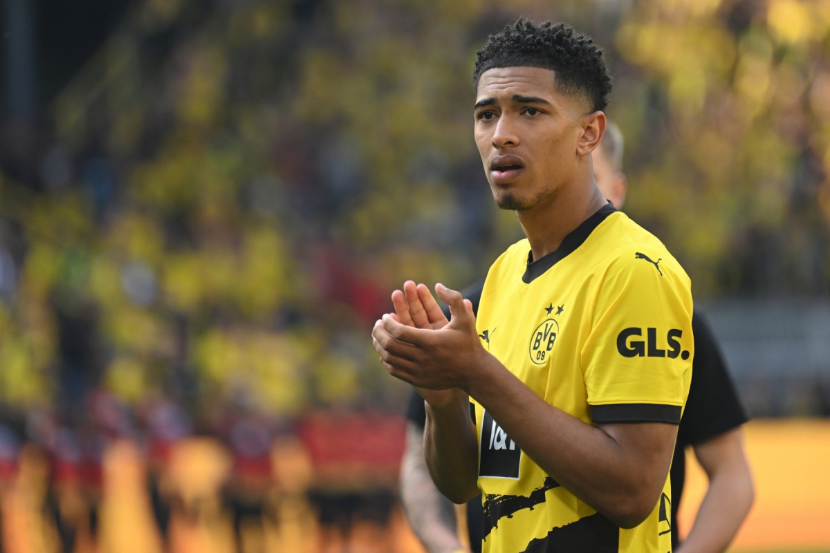 Dortmund's English midfielder Jude Bellingham reacts after the German first division Bundesliga football match between Borussia Dortmund and 1 FSV Mainz 05 in Dortmund, western Germany on May 27, 2023. Photo by INA FASSBENDER / AFP