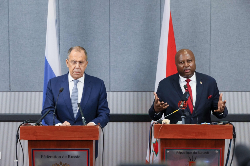 Russian Foreign Minister Sergei Lavrov and Burundi Foreign Minister Albert Nshingiro hold a joint press conference following their bilateral meeting at Kiriri Garden Hotel in Bujumbra on May 30, 2023. (Photo by Handout / RUSSIAN FOREIGN MINISTRY / AFP)