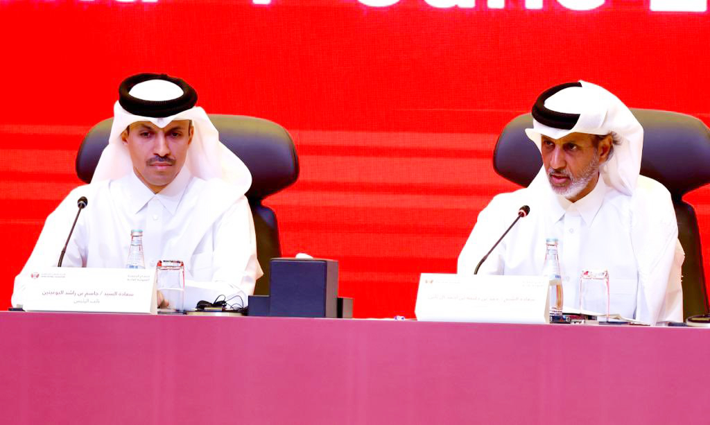 The newly elected Qatar Football Association (QFA) President Jassim bin Rashid Al Buenain (left) and QFA Honorary President Sheikh Hamad bin Khalifa bin Ahmed Al Thani during the QFA General Assembly, yesterday. 