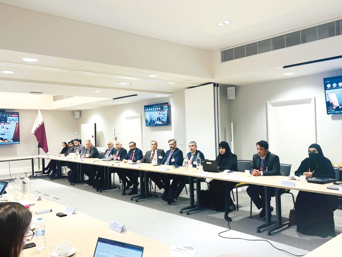 Undersecretary of the Ministry of Education and Higher Education (MoEHE) Dr. Ibrahim bin Saleh Al Nuaimi (sixth right) and Vice President of QU for Research and Graduate Studies Prof. Mariam Al Ali Al Maadeed (third right) with other officials during the meeting.