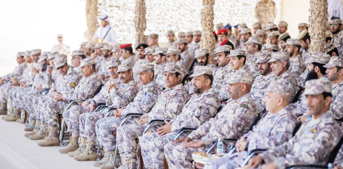 Chief of Staff of Qatar Armed Forces H E Staff Lieutenant General (Pilot) Salem bin Hamad bin Aqeel Al Nabit and other senior officers during the Al-Adheed 2023 exercise.