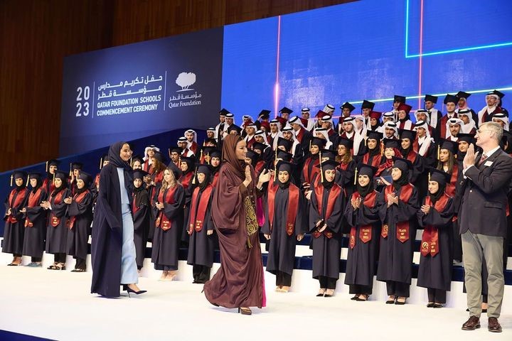HH Sheikha Moza bint Nasser, Chairperson of Qatar Foundation, and HE Sheikha Hind bint Hamad Al Thani, Vice Chairperson and CEO of Qatar Foundation attended Qatar Foundation Schools Commencement Ceremony today, June 4. (Photo: Instagram/Moza bint Nasser)