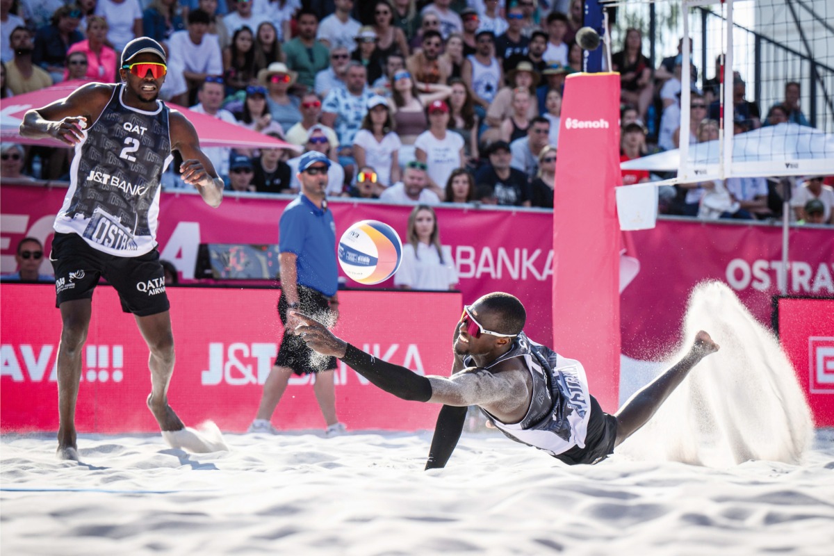 Qatar’s Cherif Younousse and Ahmed Tijan in action during yesterday's final. PIC: volleyballworld.com